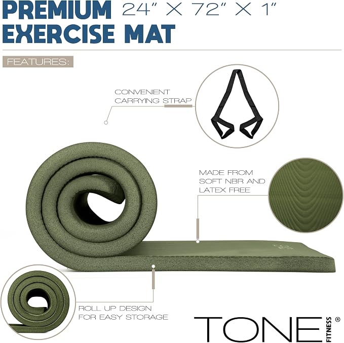 Tone Fitness 1-Inch Thick Yoga Mat | High-Density, Non-slip Exercise Mat with Carrying Strap for Yoga, Pilates, & Home Gym Workouts | Multiple Options