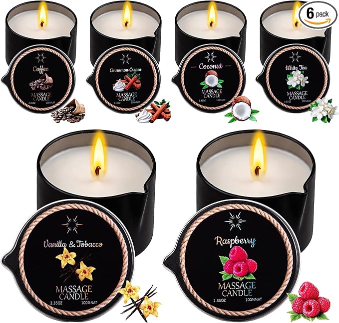 6 Pack Low Temperature Massage Oil Candle Set - Soy Wax that Melts Into Skin Nourishing Body Oil Massage Candle for Home Spa, Massage Therapy, Relaxation - Natural - 2.35 oz Each