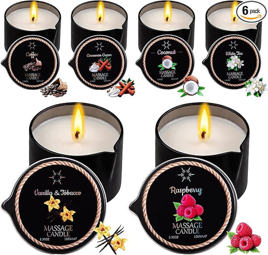 6 Pack Low Temperature Massage Oil Candle Set - Soy Wax that Melts Into Skin Nourishing Body Oil Massage Candle for Home Spa, Massage Therapy, Relaxation - Natural - 2.35 oz Each