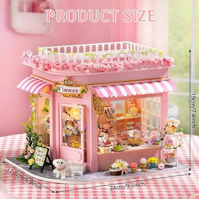 Foyucool DIY Miniature House Kit, Dollhouse Kit with LED Light, Mini House Building Kits for for Adult to Building, Christmas Home Decorations Gifts for Family and Friends, Pink World