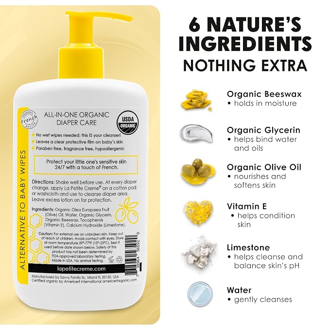 La Petite Creme French Premium Liniment Baby Lotion - Diaper Cream Alternative to Wet Wipes - Gentle Moisturizer & Skin Cleanser, USDA Certified Organic Ingredients - Newborn Essentials (8 oz)