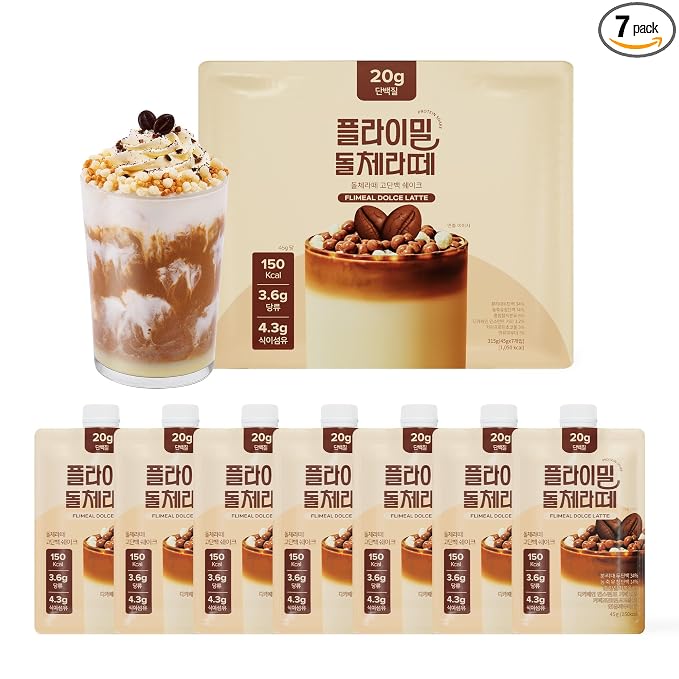 Flimeal Decaf Coffee Protein Shake, Dolce Latte Flavor with Crunchy Protein Balls, 20g Protein, Low Sugar, Keto-Friendly Meal Replacement Shake, 7 Servings (7 Packs x 1.59 oz)