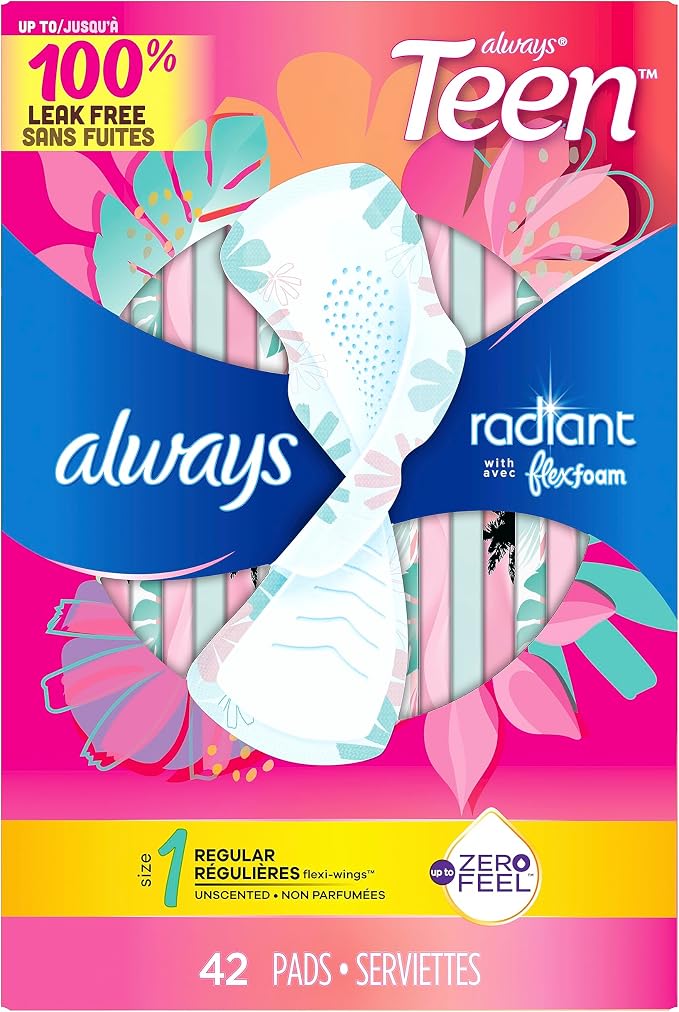 Always Radiant Teen Pads, Size 1, Regular, with Wings, Unscented, 42 Count (Pack of 2)