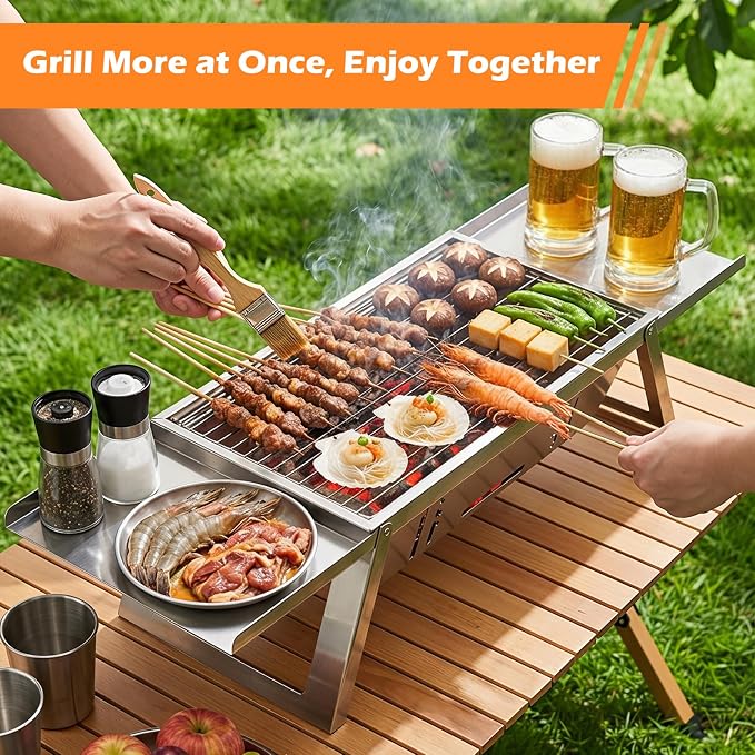 Small Portable Folding Charcoal BBQ Grill for Camping Picnic Garden Terrace | Mini tabletop barbecue with 4-level heat control, easy to operate, practical outdoor gear for backyard and outdoor gatherings