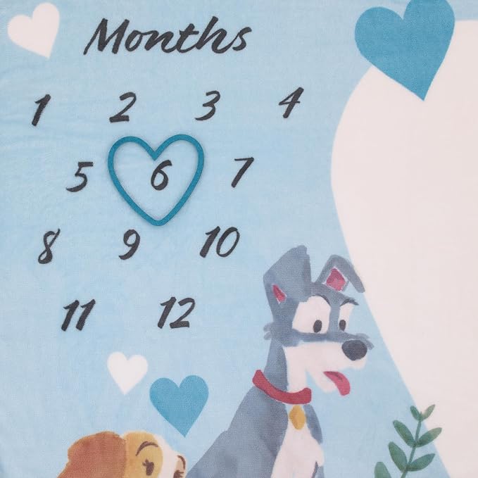NoJo Disney Lady & The Tramp Blue, White, and Gold Love at First Sight Super Soft Photo Op Milestone Baby Blanket