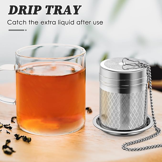 Yoassi Tea Infusers for Loose Tea, Extra Fine Mesh Tea Strainers, 18/8 Stainless Steel Loose Leaf Tea Steeper Tea Diffusers with Extended Chain Hook and Drip Tray 1 Pack