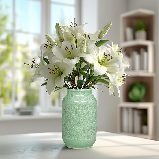 Ceramic Vase, 9 Inch Modern Green Flower Vases for Home Decor, Dining Table,Entryway, Living Room, Bathroom, Bookshelf, Bedroom, Kitchen, Mantle, Office, Foyar