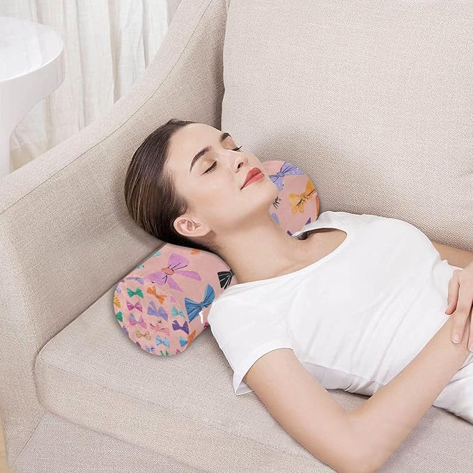 Colorful Pink Bows Neck Roll Pillow Bolster Round Health Memory Foam Long Cervical Cylinder Pillows with Removable Washable Cover for Body Bed Legs Back Yoga