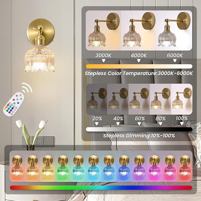 Vintage Battery Operated Wall Sconces: Set of 2 Rechargeable Wireless Decor | 5000mAh Cordless Dimmable Lights Remote Control, Antique Brass Powered Sconce, Cognac Flower Glass Light for Bedroom Bedside