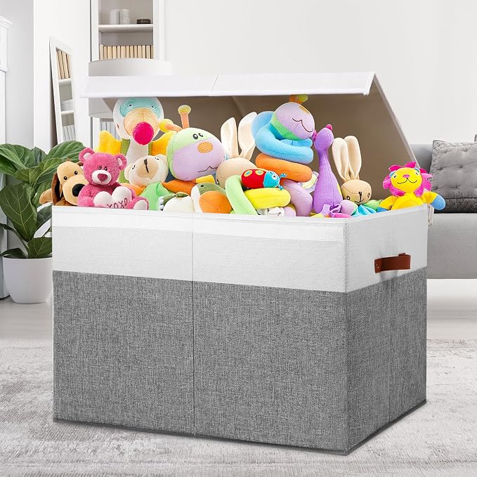 Large Toy Storage Box with Lid, Toy Chest Bin Boxes Basket with Dividers | Sturdy Toy Organizer Bin for Kids, Boys, Girls, Nursery, Living Room, Bedroom, Playroom 26"x17" x17" (Grey and White)