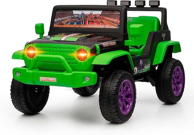 Monster Jam - 12V Kids Ride On Jeep with Rechargeable Battery, LED Headlights, Press-Button Start, Durable Wheels, Forward & Reverse Drive, Contoured Seat