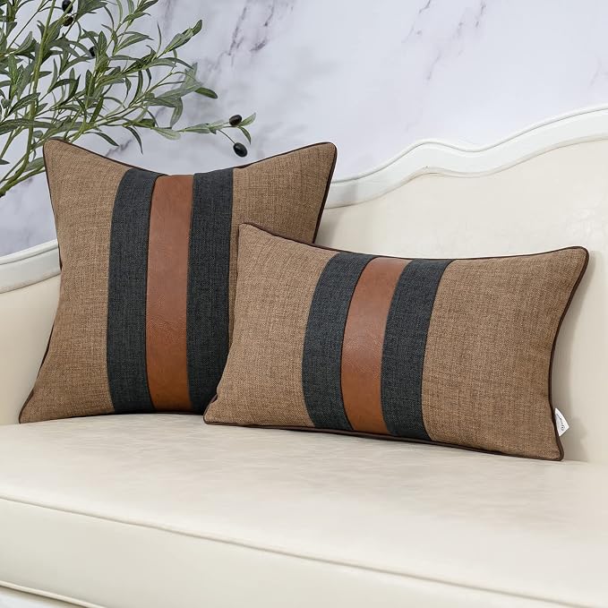 Patchwork Pillow Cover 12x20 Inch Luxury Cotton and Linen Cushion Cover Faux Leather Pillowcover for Couch Bedroom Living Room, Brown