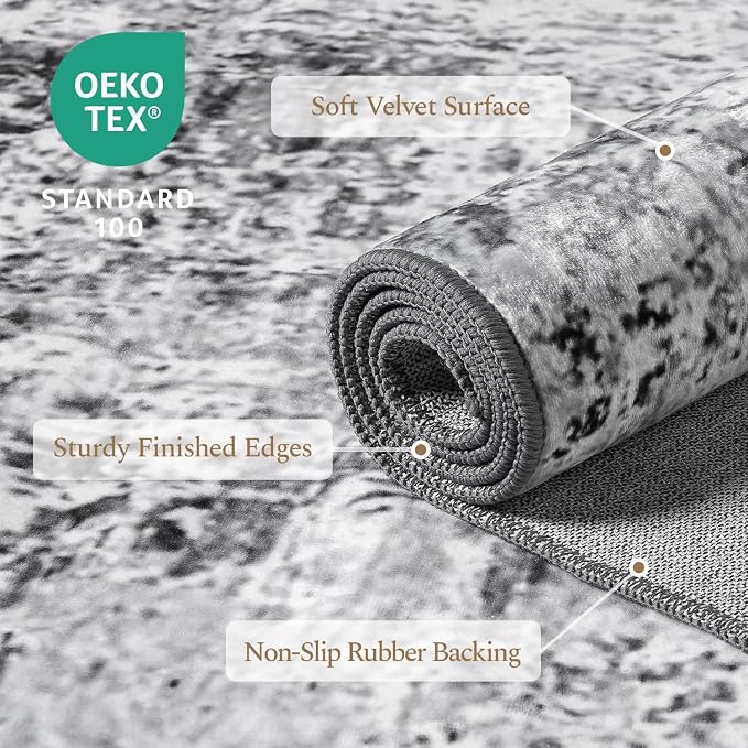 Rugflix 6x9 Area Rugs for Living Room, Washable Grey Large Rug | Machine Washable; Stain-Resistant; Low Pile; Non-Slip; Modern Abstract; Black Carpet for Bedroom Dining Office Nursery Home