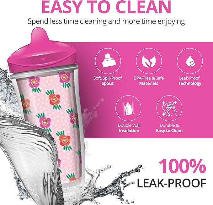 Playtex Baby Sipsters Hard Spout Sippy Cup for 12+ Months, 9 Ounce (2 Count), Pink Rose & Cactus Design, Insulated Toddler Water Bottle for Kids, Spill-Proof Cups for Toddlers 1-3, Stage 3
