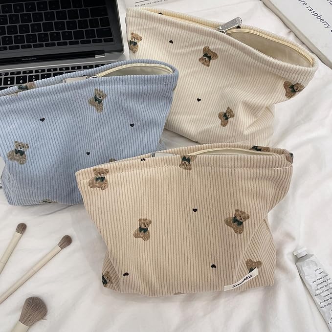 Cute Small Soft Corduroy Zipper Makeup Bag for Purse, Coquette Aesthetic Pouch with Bear Pattern for Women Girls, Kawaii Travel Cosmetic Bags（04Light Taupe）