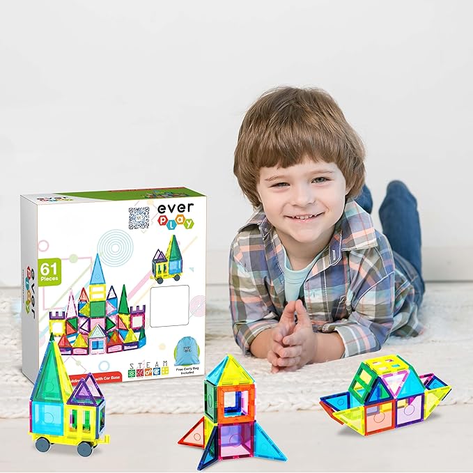 61pc Magnet Tile Building Blocks with Car Base Drawstring Carry Bag Magnetic Construction Toy Structure Build Magnets Toyset Preschool Montessori Toys for Sensory STEAM Education Age 3+ EP61