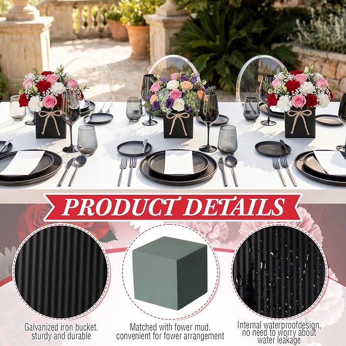12 Pack Galvanized Square Vases with Floral Foam, 3.5 inch Waterproof Rustic Tin Buckets with Twine Bows, Mini Farmhouse Metal Planter Centerpieces for Wedding Party Table Decor(Black)