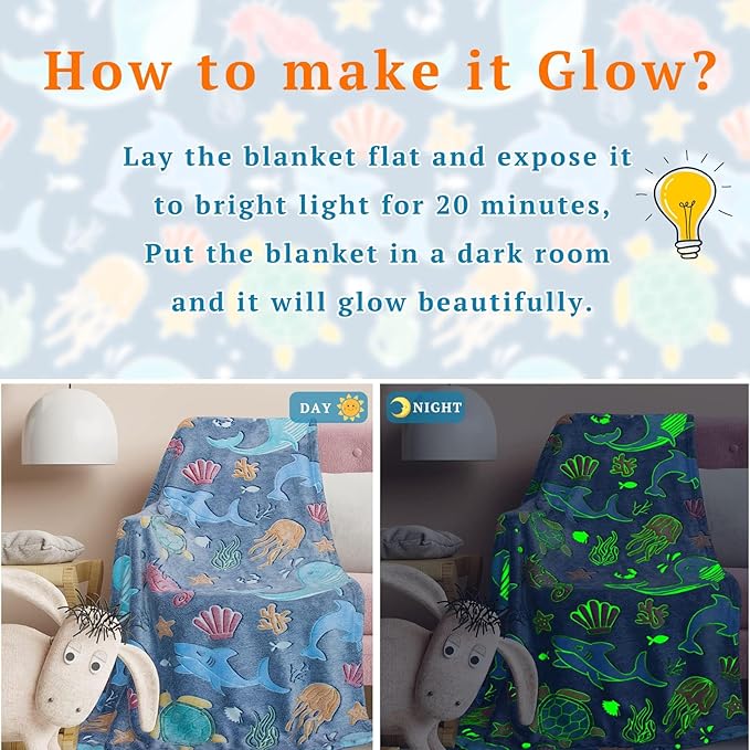 Glow in The Dark Throw Blanket Dolphin Marine Life Luminous Blankets and Throws Blue Colorful Plush Blankets Soft Glowing Throw Easter Gifts for Kids Girls Boys Teens Age 1-15 Years Old