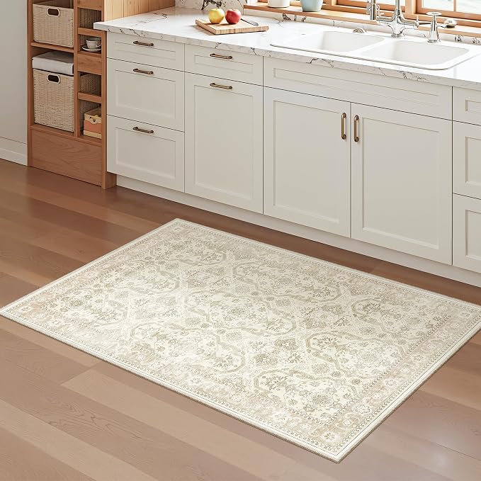 Soalmost 2x3 Washable Rugs for Kitchen Entryway, Small Area Rug Beige/Brown | Non-Slip Vintage Low Pile Throw Door Mat For Bathroom Entry Laundry Powder Room, Stain Resistant Indoor Entrance Floor Carpet