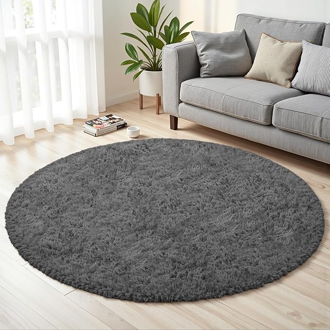 Dark Gray Round Fluffy Rug 6ft Plush Fuzzy Shaggy Carpet,Soft Rugs for Living Room for Nursery,Preppy Dorm,Classroom,Playroom,Teen,Baby Home Decor (Dark Gray 6"x6")