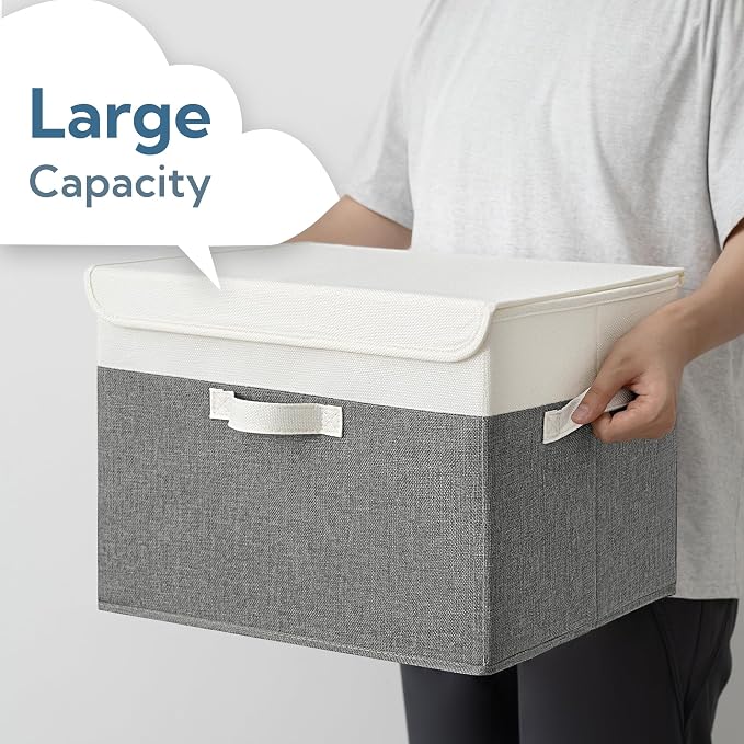 GRANNY SAYS Memory Keepsake Storage Box, Fabric Storage Bins with Lids | Flip-Top Lid, Collapsible, Stackable, 3 Handles, Ideal for Closet Clothes Blanket Toys, Extra Large, White/Gray, 2-Pack