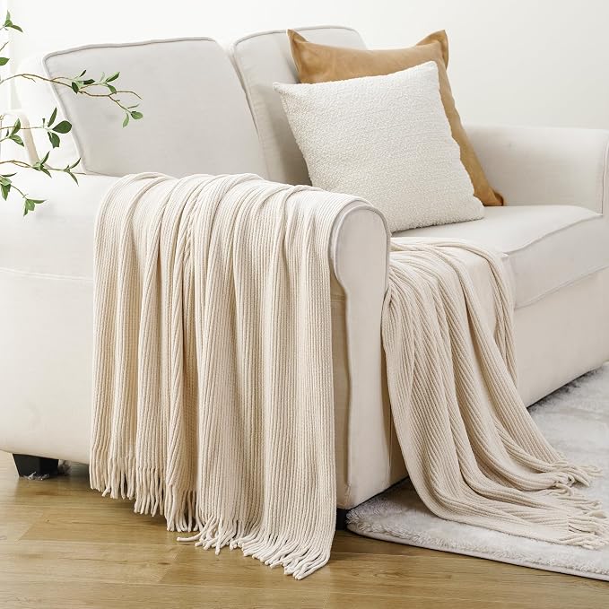 BATTILO HOME Beige Throw Blanket for Couch, Soft Chenille Knit Throws with Tassels for Home Decor, White Cream Throws for Bed Couch Cover, 60"x80"