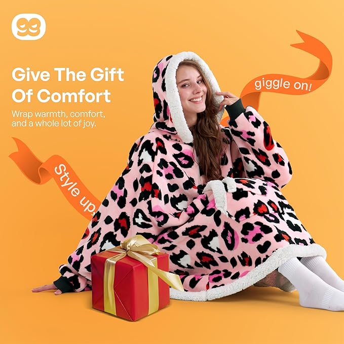 Giggling Getup Wearable Blanket Hoodie for Adults Gifts for Teen Girls Sister Women Sherpa Fleece Printed Hooded Blanket Sweatshirt Warm Cozy with Pocket & Sleeves Pink Leopard