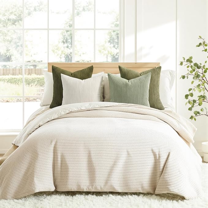 Topfinel Green White Spring Pillow Covers 18x18 Inch Set of 4 Boho Nordic Cushion Covers Soft Corduroy Home Decor for Couch Bed Sofa Living Room