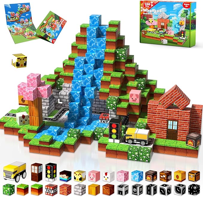 100 PCS 0.8in Magnetic Blocks - Magnet Toys & Magnetic Building Blocks Cubes, Stacking Magnets, STEM Toys for School Acitivities, Birthday Gifts for Boys Age 3+ Years Old (Theme: Forests)