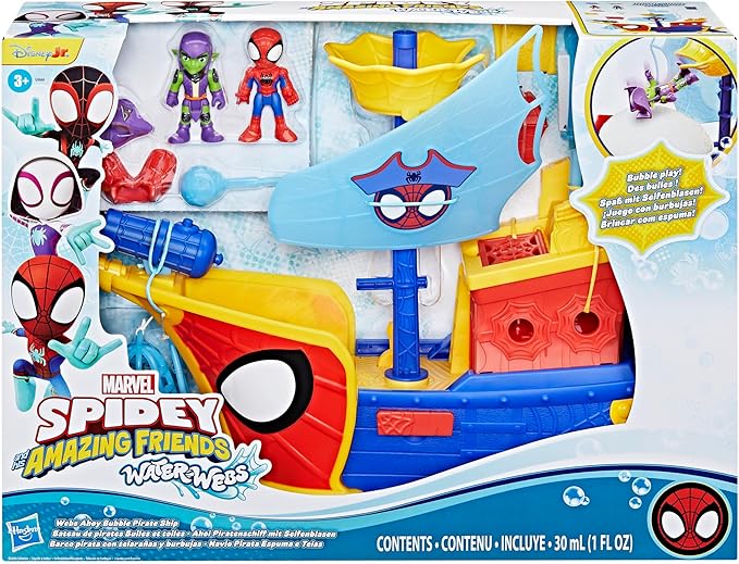 SPIDEY AND HIS AMAZING FRIENDS Marvel Water-Webs Webs Ahoy Bubble Pirate Ship Toy, 3-Inch Action Figures & Boat Playset, Super Hero Toys, 3+ Years