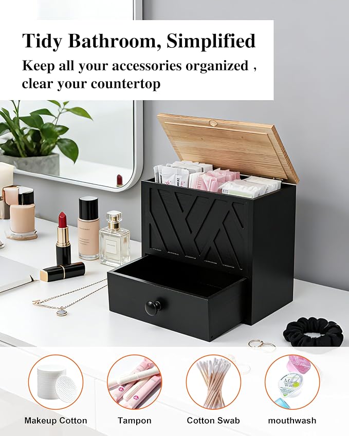 Tampon Holder for Bathroom Decor Feminine Product Organizer With Lid & Drawer Shark Week Box Girl Stuff (1, BLACK)
