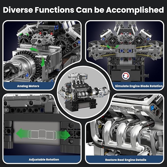Mould King V8 Engine Model Kit That Works for 14+ Years Old and Adults, 10206 MCL V8 DIY Car Engine Model Educational Experiment Toy, 737Pcs