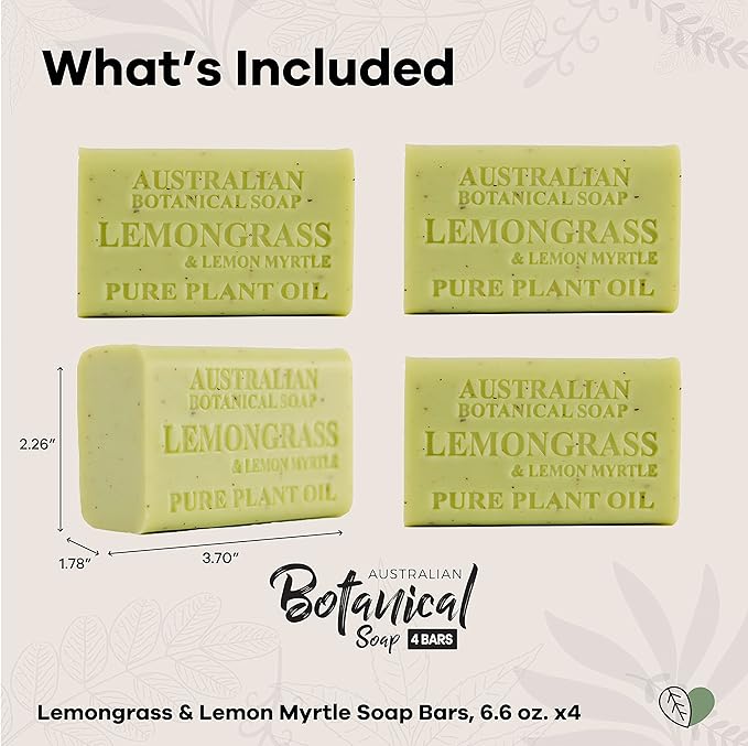 Australian Botanical Soap Lemongrass & Lemon Myrtle – Triple Milled 6.6 oz Bar Soap with Shea Butter, Face Hand & Body Soap Bars, Pack of 4