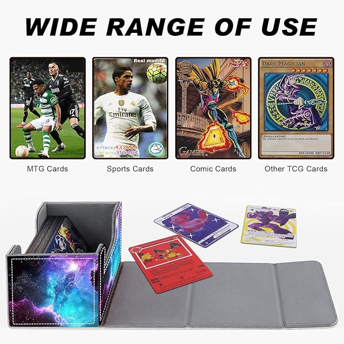 DEGDFSGR for TCG MTG Card Game Storage Box Organizer Trading Card Case Commander Deck Box Magnetic Closure Creative Pattern Up to 200 Cards, Purple Space Galaxy