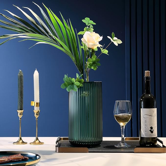 Large Cylinder Ribbed Green Glass Flower Vase for Farmhouse Dining Table Centerpieces Decor