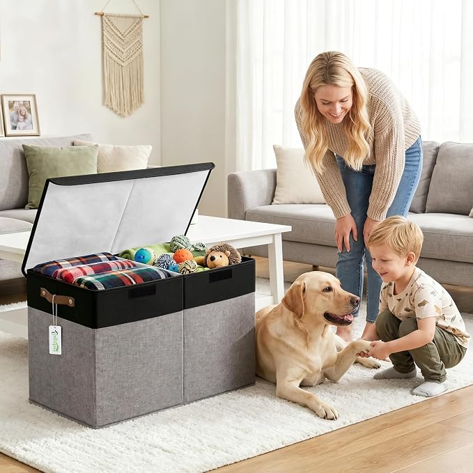 Large Toy Storage Box with Lids, Collapsible Sturdy Baby Storage Organizer Chest Bin Basket for Kids, Boys, Girls, Playroom, Nursery, Bedroom, Closet 25"x13"x16" (Gray and Black)
