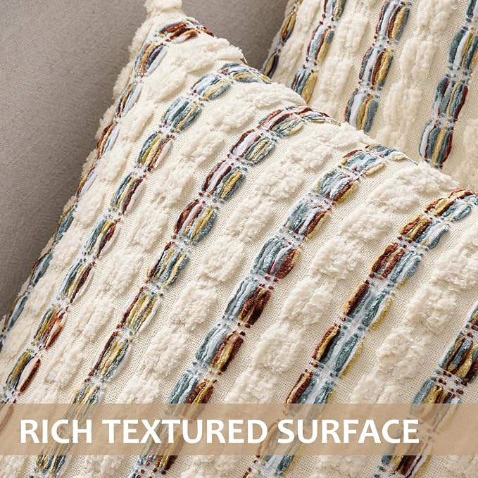 ANRODUO Boho Chenille Decorative Pillow Covers 20x20 Set of 2 Brown White | Textured Tufted Stripes Woven Cushion Case, Farmhouse Accent Neutral Pillowcase for Couch Sofa Bed Living, Room Decor