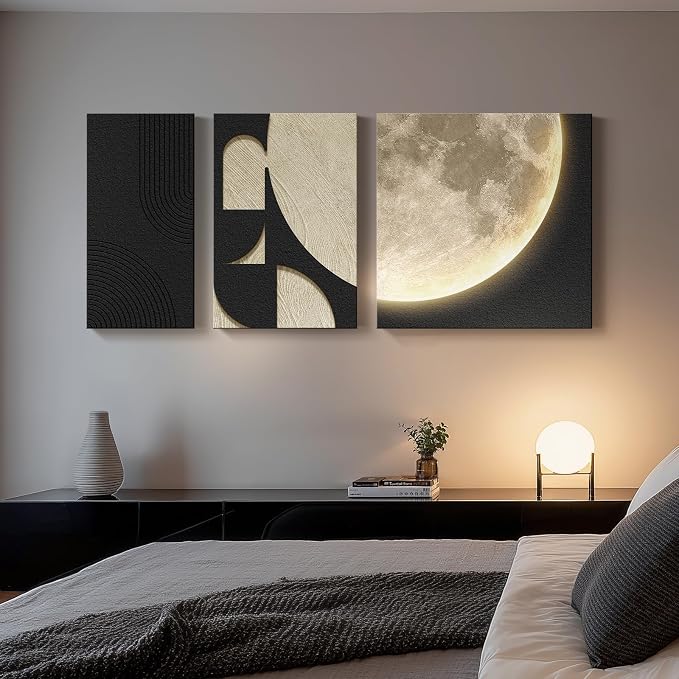 3D LED Wall Art with Moon Design, Lighted Abstract Wall Decor Set, 3 Piece | Warm LED glow, textured moon design, black and beige tones, easy to hang, wall decor for living room bedroom and entryway