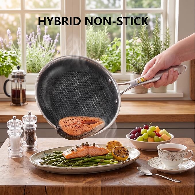 imarku Non Stick Frying Pan Set with Lids, PFOA Free 8/10/12 Inch Skillets | 6 Pcs Ceramic-Coated Hybrid Stainless Steel Cookware Set, Dishwasher Friendly, Oven Safe, Induction Ready, for Men & Women