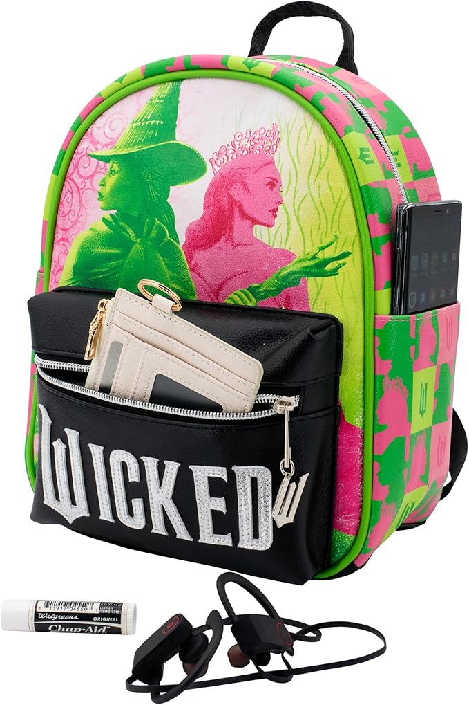 AI ACCESSORY INNOVATIONS Wicked, Elphaba & Glinda Mini Cosplay PU Backpack Purse, Shoulder Bag with Epoxy Filled Metal W Charm, 10.5 Inch, Faux Leather