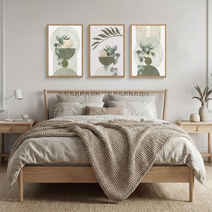 FWIEXA Sage Green Plant Canvas Wall Art Set 3, Abstract Geometric Line Botanical Framed Prints, Beige Minimalist Boho Leaf Paintings,24x36In Mid Century Modern Artwork for Living Room,Bedroom,Office