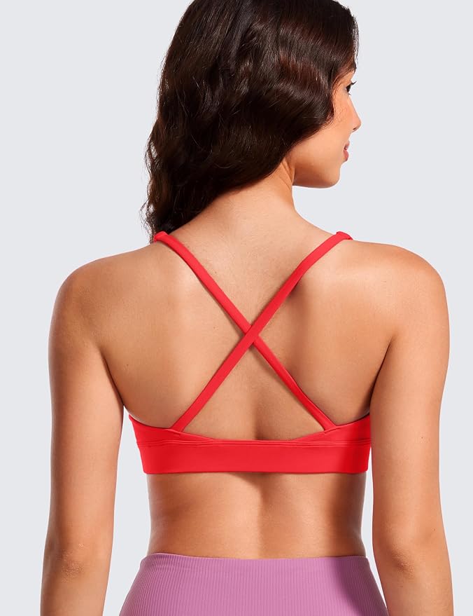 CRZ YOGA Butterluxe Deep V-Neck Sports Bras for Women - Spaghetti Strap Criss Cross Padded Top Low Coverage Wireless Yoga