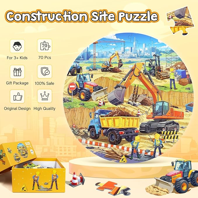 Floor Puzzles for Kids Ages 4-6, Large 70 Piece Construction Puzzles for Kids Ages 6-8 with Excavator Bulldozer Forklift Dumper Truck, Building Site Educational Toy Gifts for Boys Girls Children