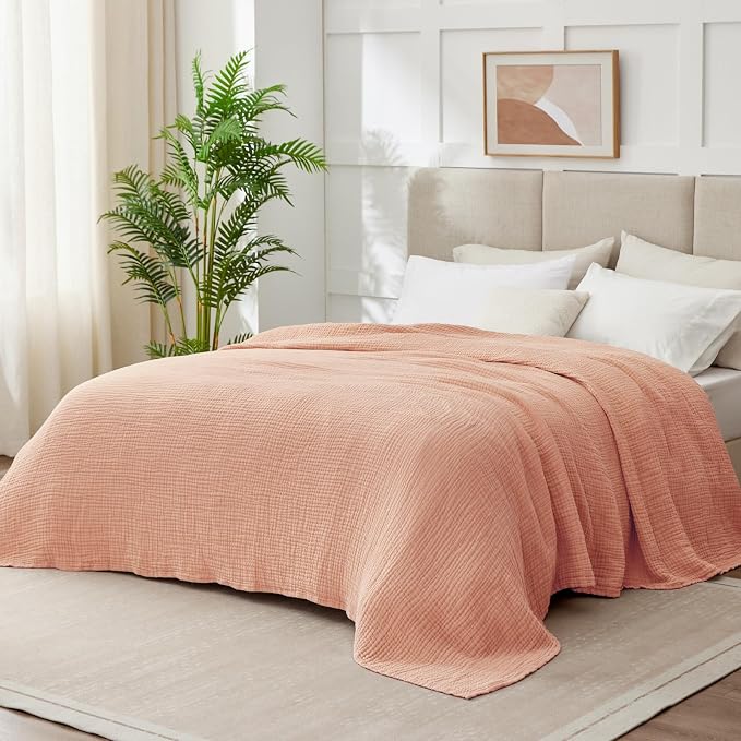 100% Cotton Muslin Blanket California King 120" x 90", 6 Layers Breathable and Lightweight Oversized Blankets for Bed, Soft Cooling Gauze Blanket for Adults All Season, Dusty Pink