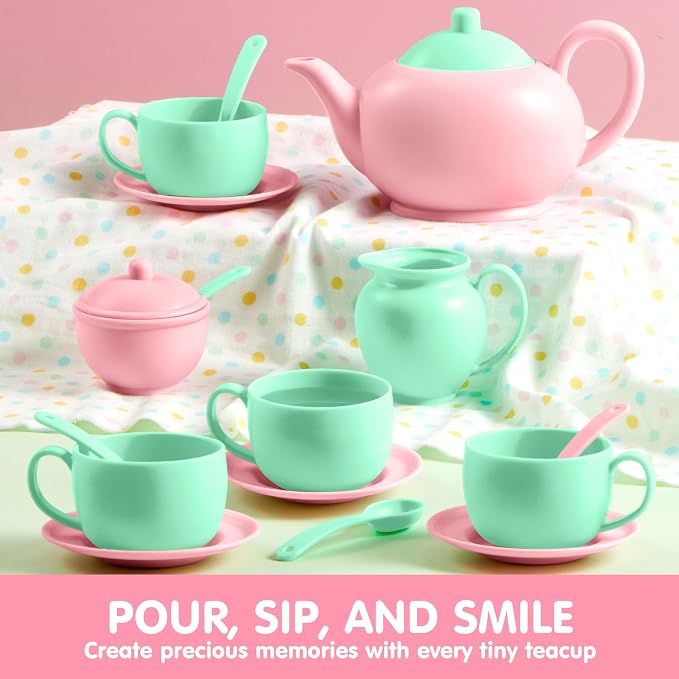 JOYIN 18PCS Pretend Tea Party Set, Plastic Tea Set, Mini Kitchen for Kids, Gifts for Toddler Boys Girls Ages 3 4 5 6 Years Old, Easter Birthday Gifts