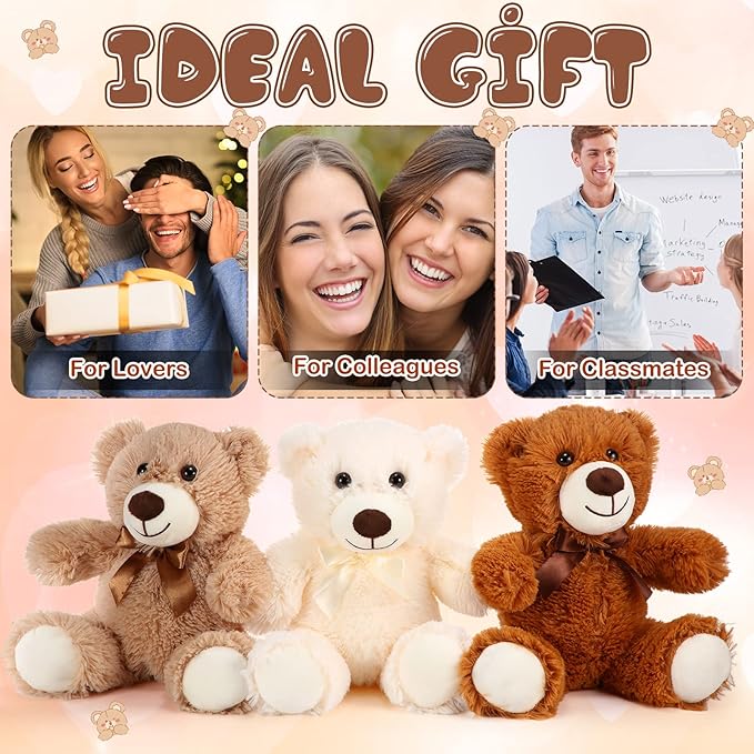 HyDren 12 Pieces Valentines Bears Stuffed Animals Soft Plush Toy Bears for Birthday Party Easter Wedding Baby Shower Christian Charity Donation Supplies(White, Brown, Khaki)