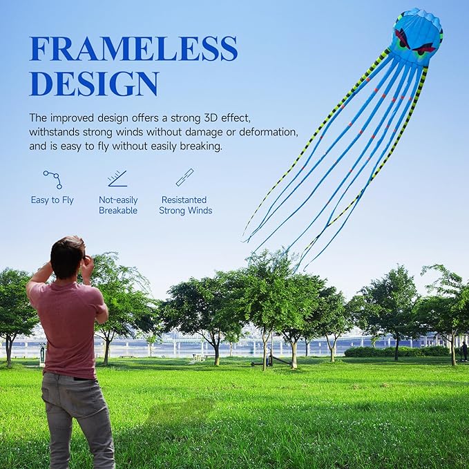 Kites for Adults Giant Octopus Kite 26ft for Outdoor Fun Large 3D Kite with Reel for Beach, Park, and Family Gatherings - Durable Design Easy to Fly
