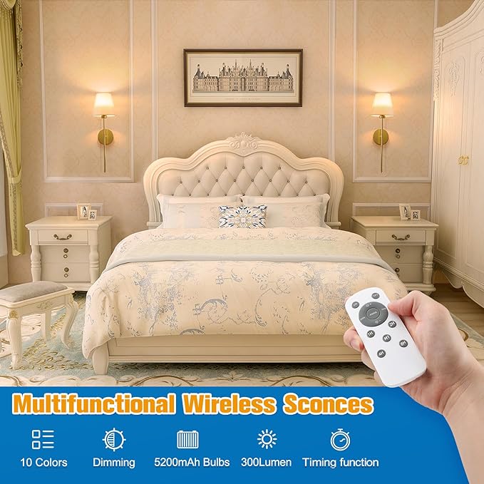 19.9 inch Battery Operated Wall Sconce Set of 2,Gold Rechargeable Wall Lights with 10400mAh Dimmable Detachable Bulbs and Remote,10 Colors Wireless Sconces for Bedroom Living Room Hallway