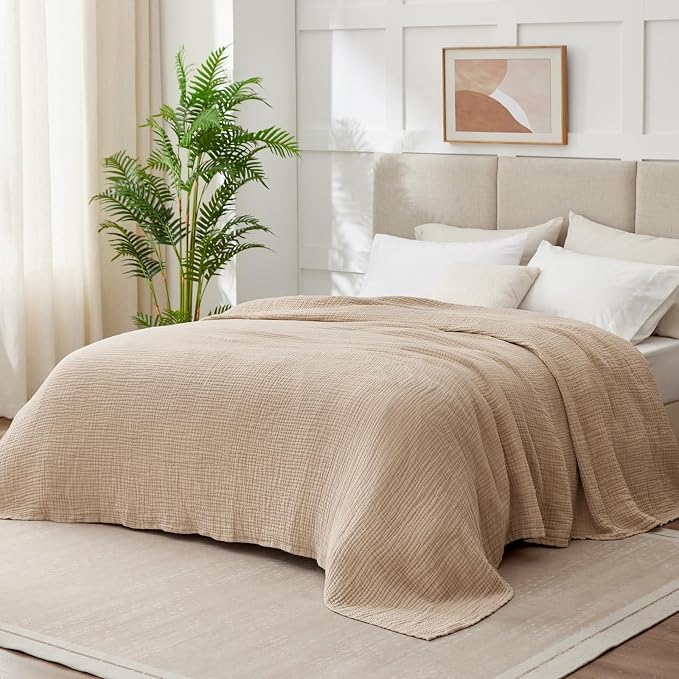 100% Cotton Muslin Blanket California King 120" x 90", 6 Layers Breathable and Lightweight Oversized Blankets for Bed, Soft Cooling Gauze Blanket for Adults All Season, Beige