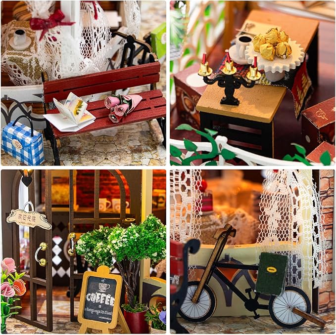 Foyucool DIY Miniature House Kit, Dollhouse Kit with LED Light, Mini House Building Kits for for Adult to Building, Christmas Home Decorations Gifts for Family and Friends, Coffee Bar